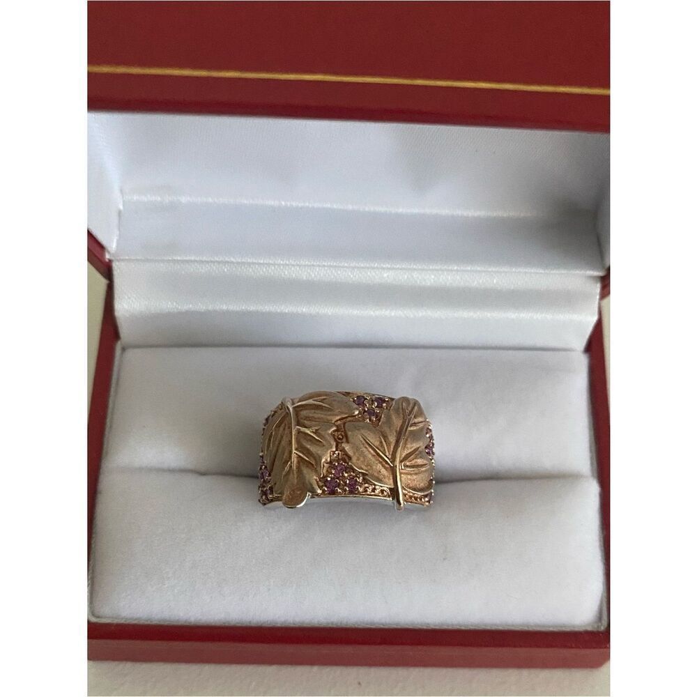Sterling Silver Vintage Cigar Band Ring With Leaves And Ruby Accents
